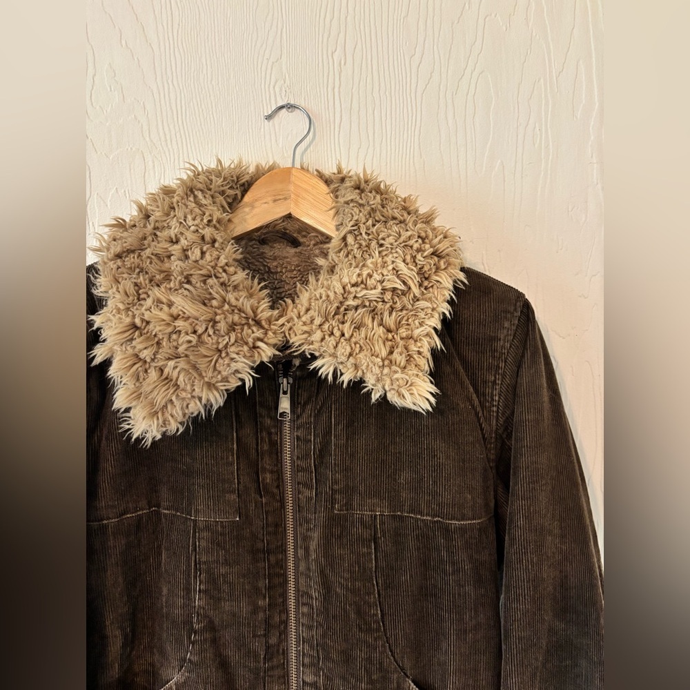 Vintage Brown Corduroy Fleece Lined with Tan Sherpa Collar Zip Up Bomber Jacket - Picture 6 of 10